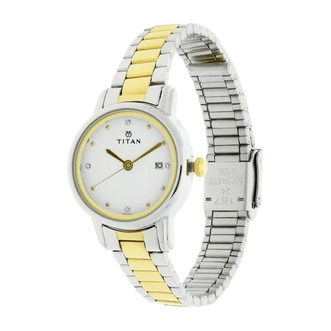 Titan Karishma: Essential White Dial Watch with Integrated Date &amp; Polished Steel Bracelet