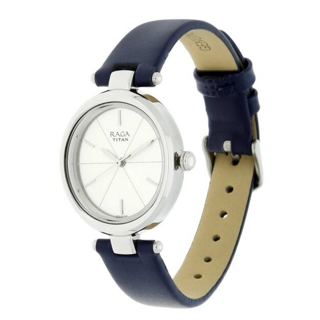 Titan Raga Viva | Minimalist Silver Analog Watch with Sleek Designer Leather Band