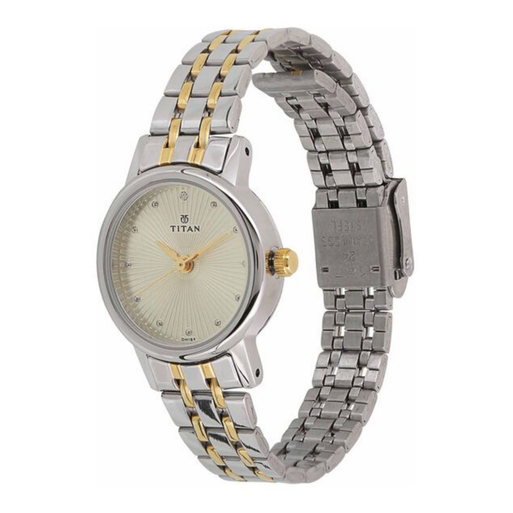 Titan Women's Analog Watch - Champagne Dial - Gold Stainless Steel Strap