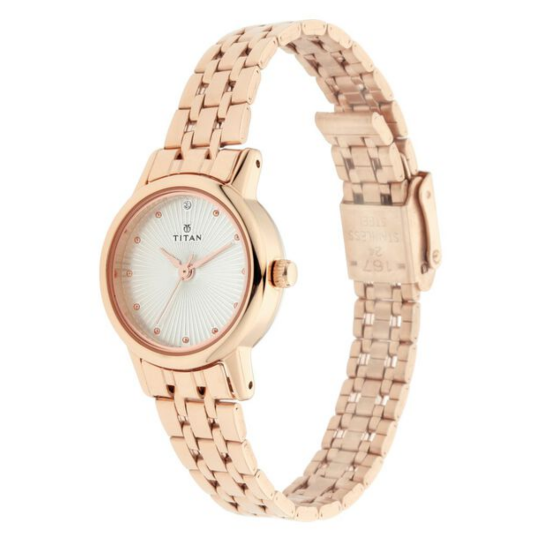 Titan Classic: Silver Sunray Dial Watch with Polished Rose Gold Stainless Steel Bracelet