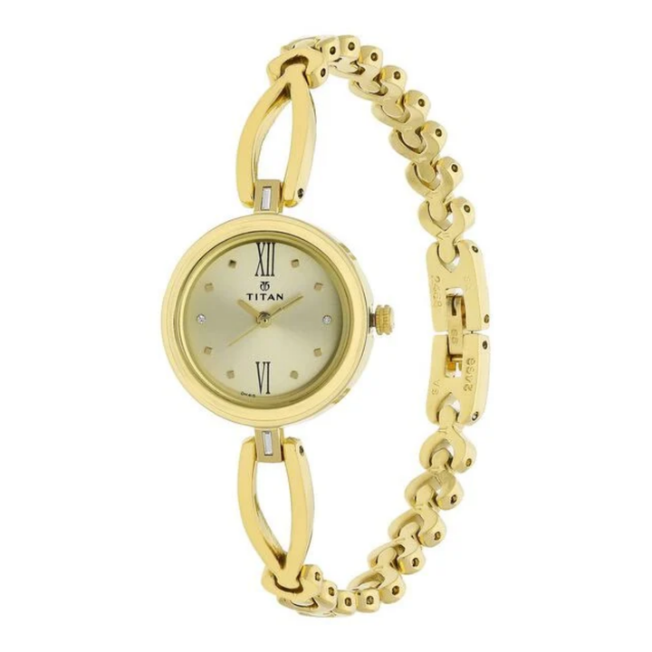 Titan Women's Analog Watch - Champagne Gold Dial - Gold Stainless Steel Metal Strap