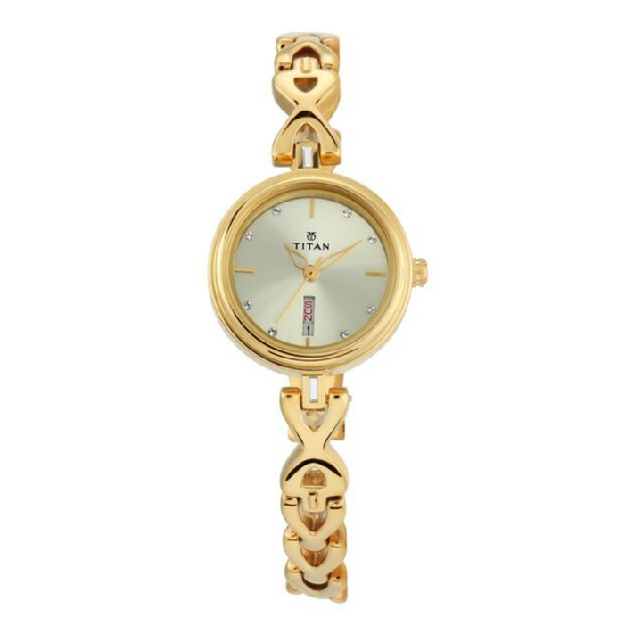 Titan Women's Analog Watch - Champagne Dial - Day and Date Window - Gold Metal Strap