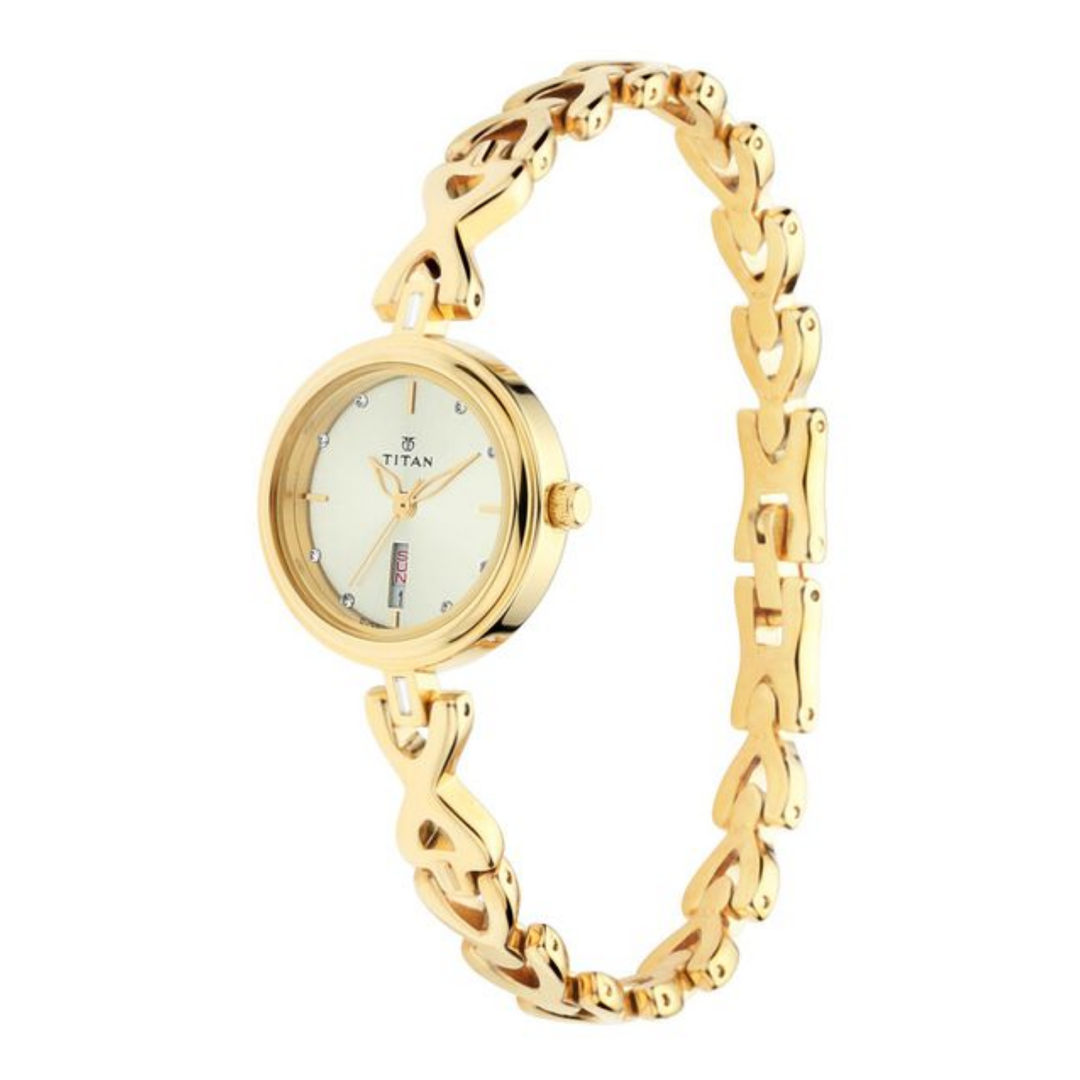 Titan Women's Analog Watch - Champagne Dial - Day and Date Window - Gold Metal Strap