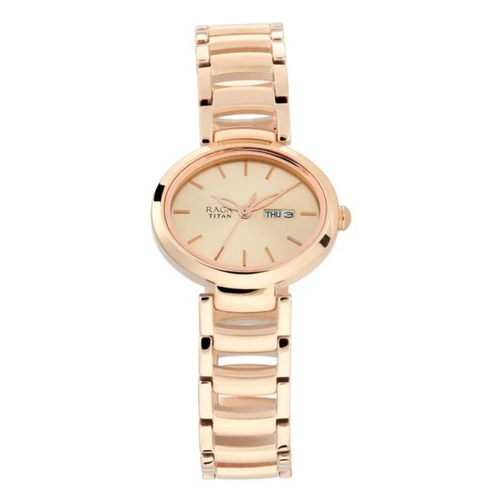 Titan Raga Viva: Rose Gold Sunray Watch with Sculpted Link Bracelet
