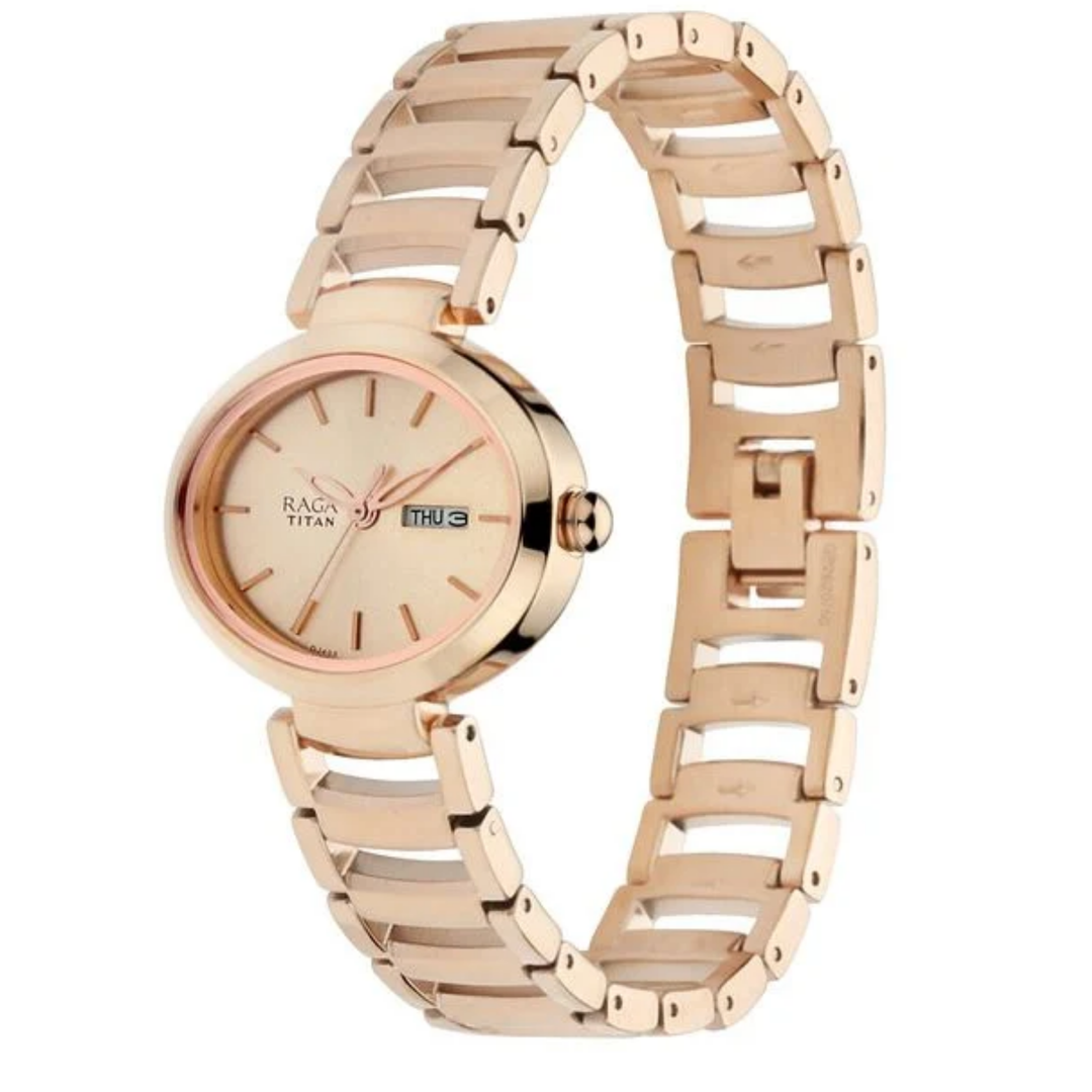Titan Raga Viva: Rose Gold Sunray Watch with Sculpted Link Bracelet