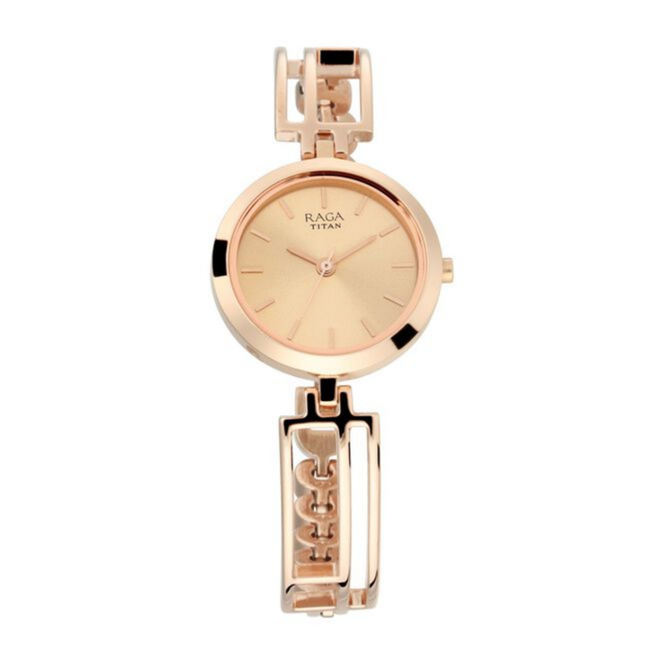 Titan Raga Viva: Rose Gold Sunray Watch with Sculpted Link Bracelet