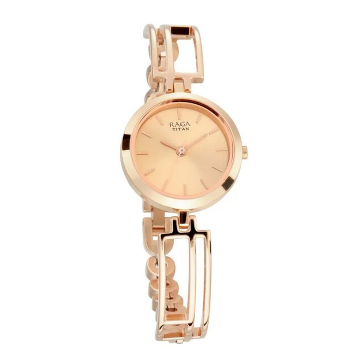 Titan Raga Viva: Rose Gold Sunray Watch with Sculpted Link Bracelet