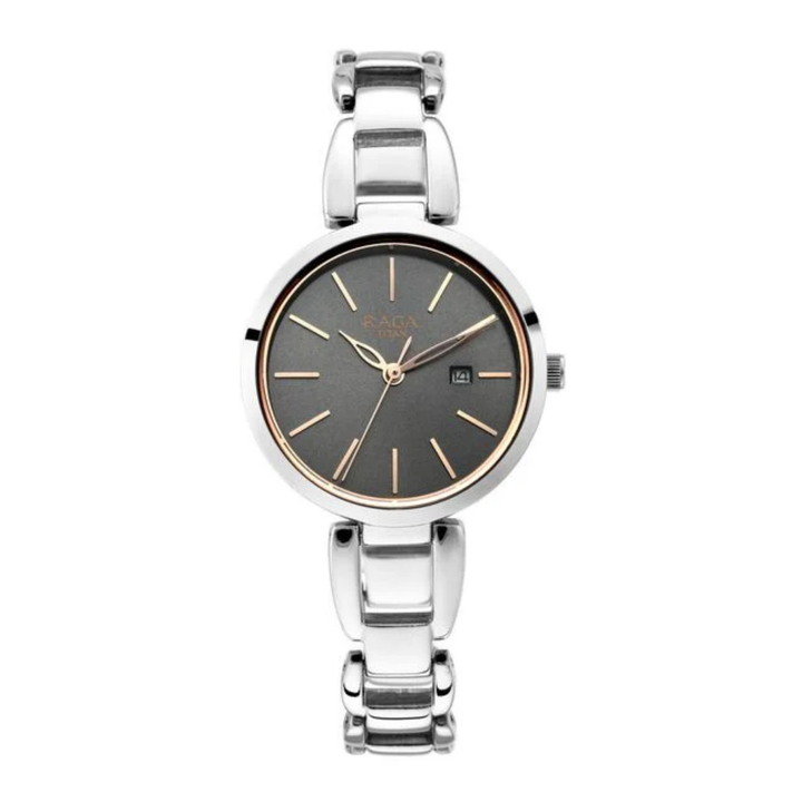 Titan Raga Viva: Sunray Gunmetal Dial Watch with Sculpted Silver Link Bracelet