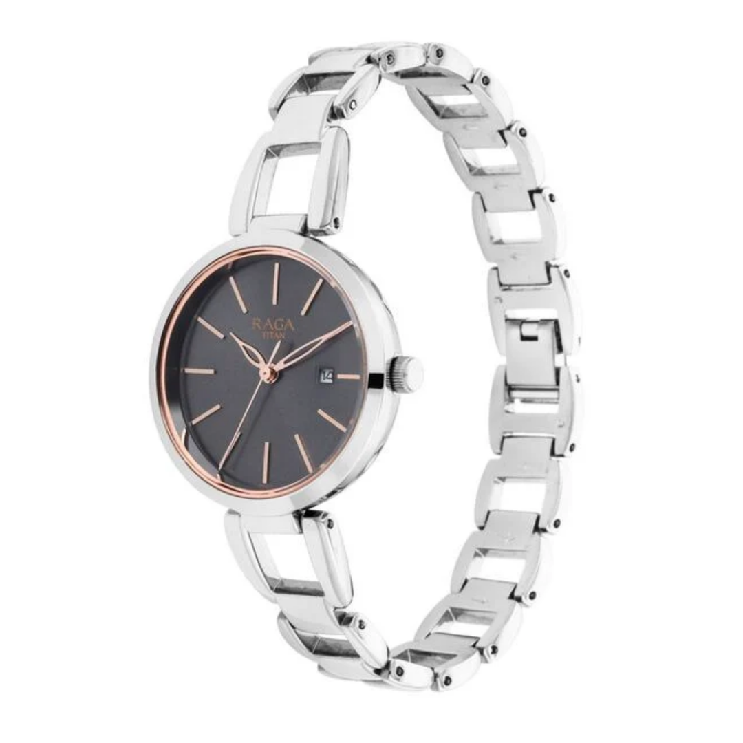 Titan Raga Viva: Sunray Gunmetal Dial Watch with Sculpted Silver Link Bracelet