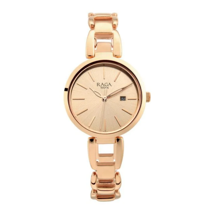 Titan Raga Viva: Rose Gold Sunray Watch with Sleek Link Bracele