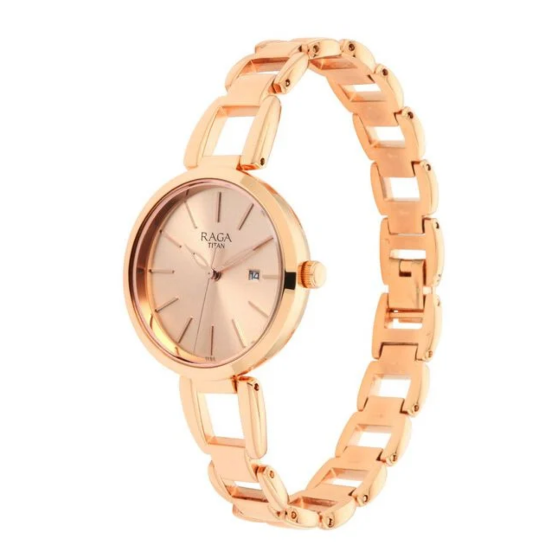 Titan Raga Viva: Rose Gold Sunray Watch with Sleek Link Bracele