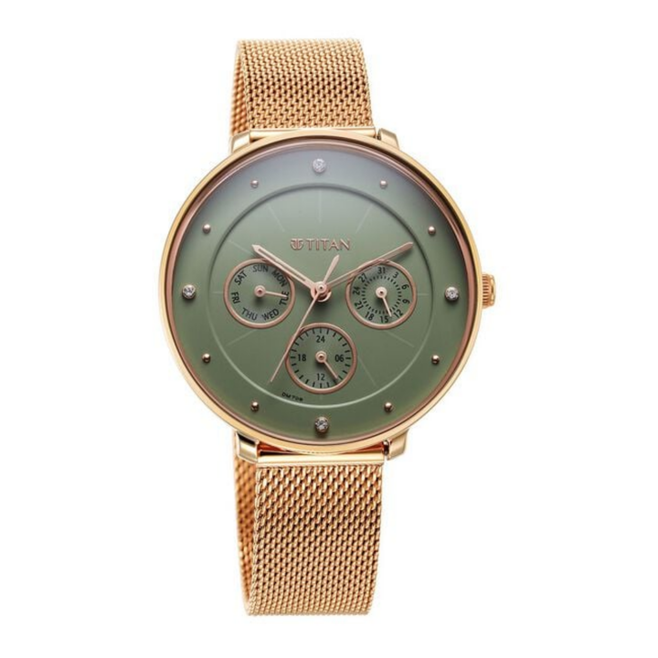 Titan Neo: Sunray Multifunction Watch  with rose gold mesh band and emerald dial on a white background