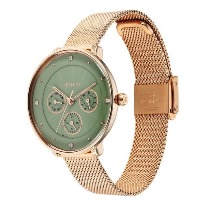 Titan Neo: Emerald Sunray Multifunction Watch with Polished Steel Bracelet
