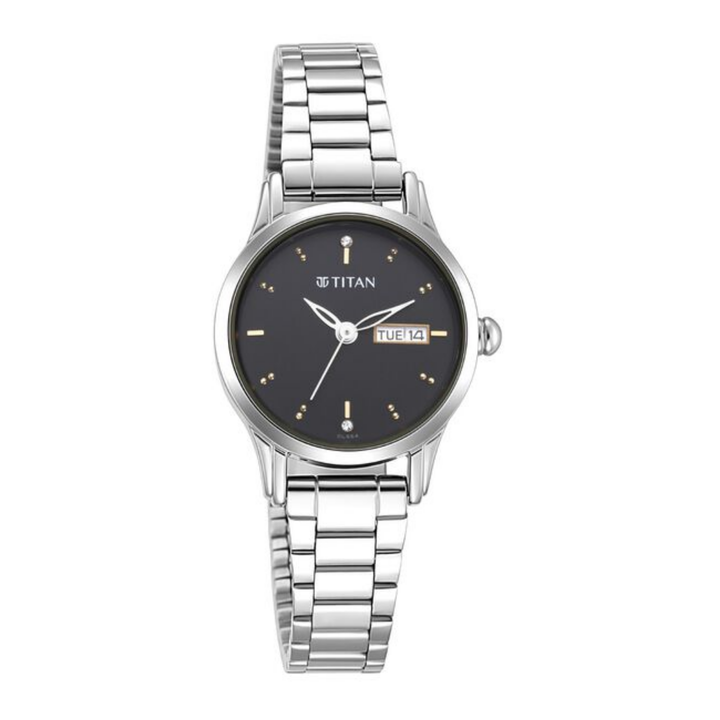 Titan Lagan Noir: Black Sunray Dial Watch with Integrated Day-Date Feature
