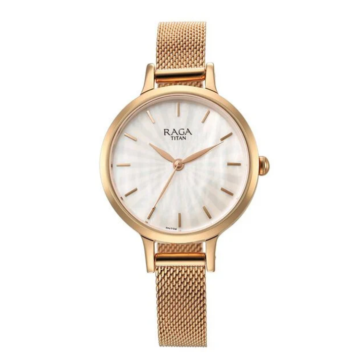 Titan Raga Power Pearls: Iridescent Mother-of-Pearl Dial with Rose Gold Jewel Bracelet