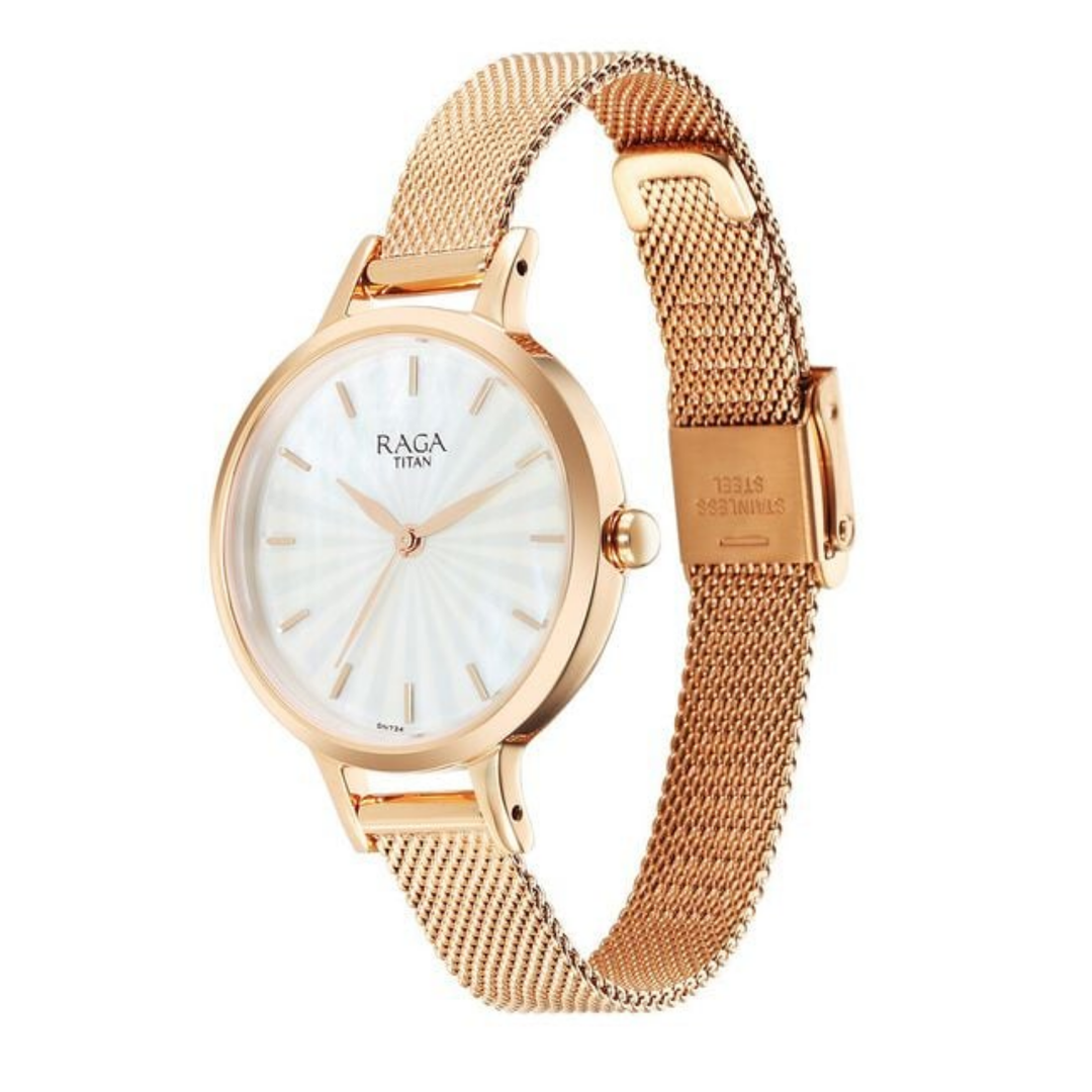 Titan Raga Power Pearls: Iridescent Mother-of-Pearl Dial with Rose Gold Jewel Bracelet