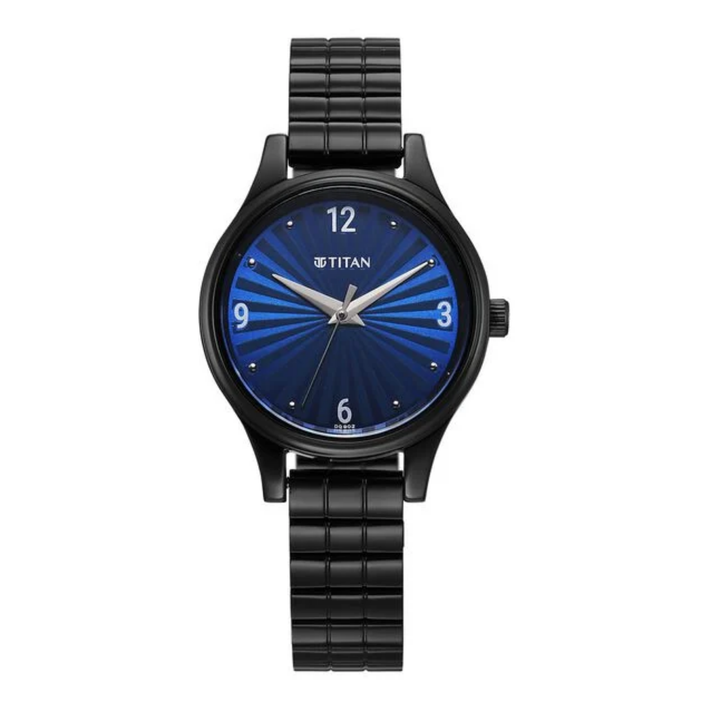 Titan Karishma All-Black Steel watch with black strap and blue dial on a white background