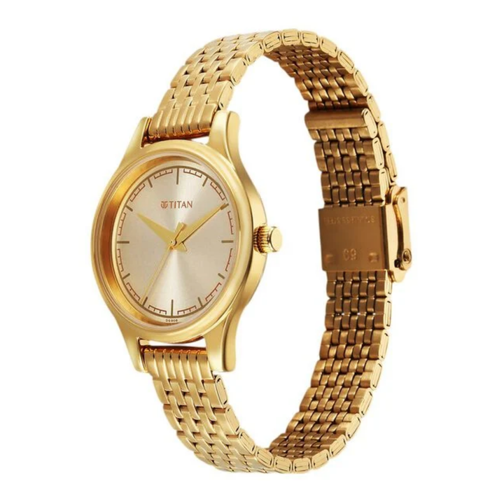 Titan Karishma Quartz Watch for Women | Gold Sunray Dial | Gold-Plated Metal Strap