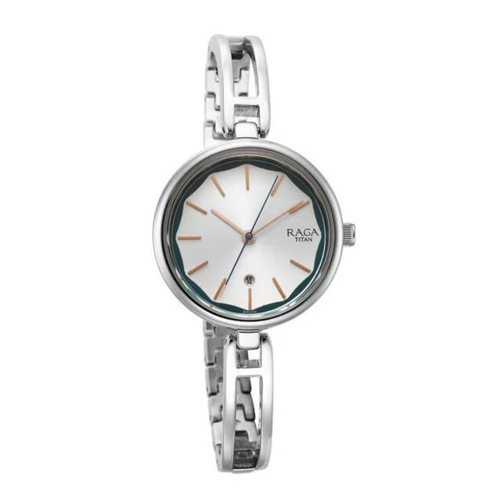 Titan Raga Viva: Sunray Silver Dial Watch with Sophisticated Jewelry Bracelet