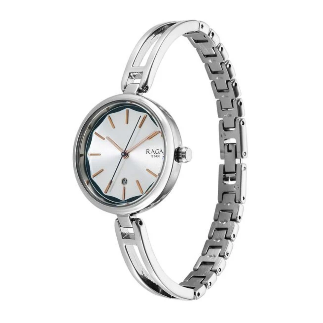 Titan Raga Viva: Sunray Silver Dial Watch with Sophisticated Jewelry Bracelet