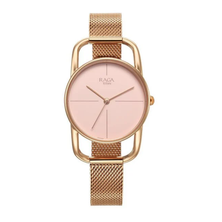 Titan Raga Chic: Rose-Tinted Timepiece in Polished Metal
