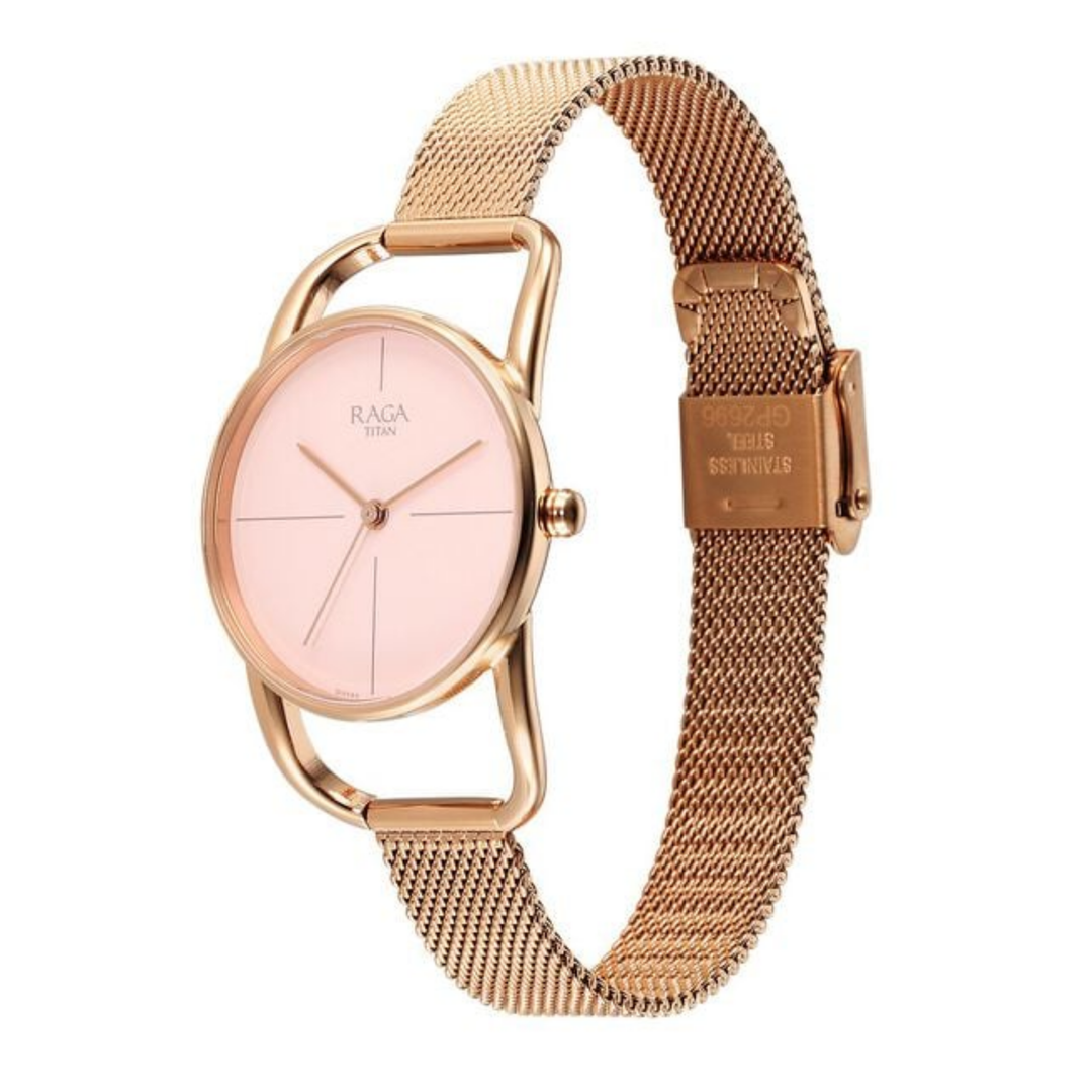 Titan Raga Chic: Rose-Tinted Timepiece in Polished Metal