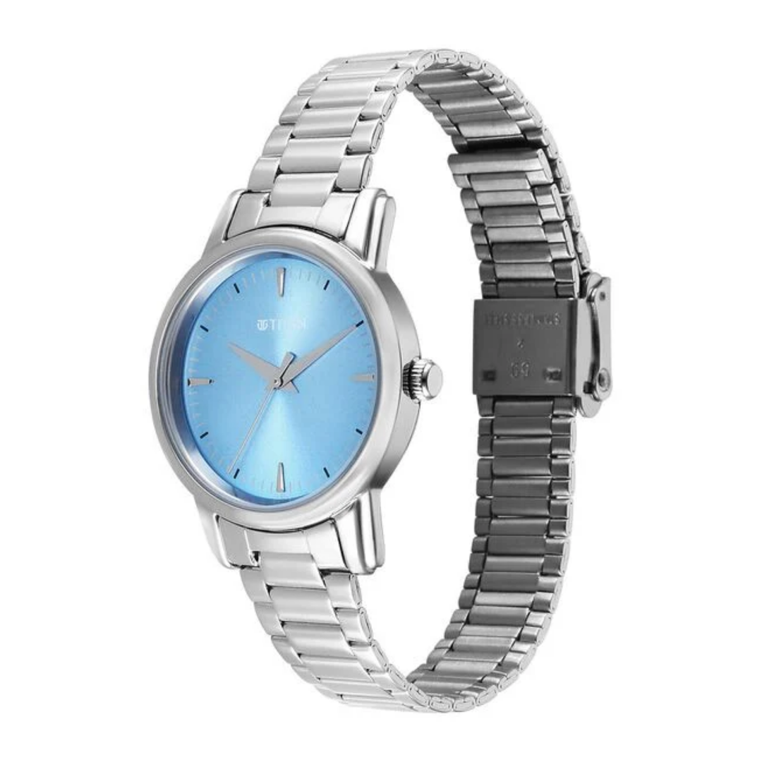 Titan Karishma Silver Steel Analog Watch – Cobalt Blue Edition