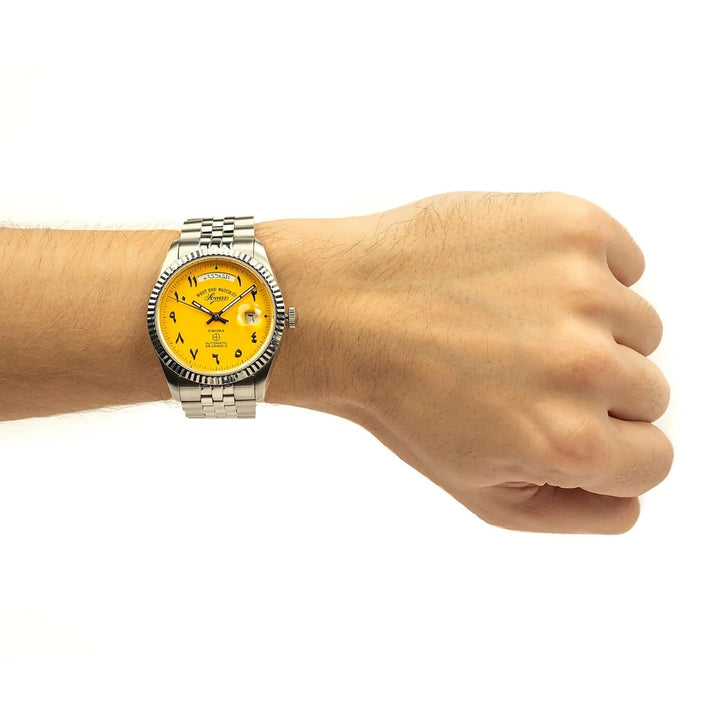 West End Men's Silver Tone Case Yellow Arabic Dial Automatic Watch