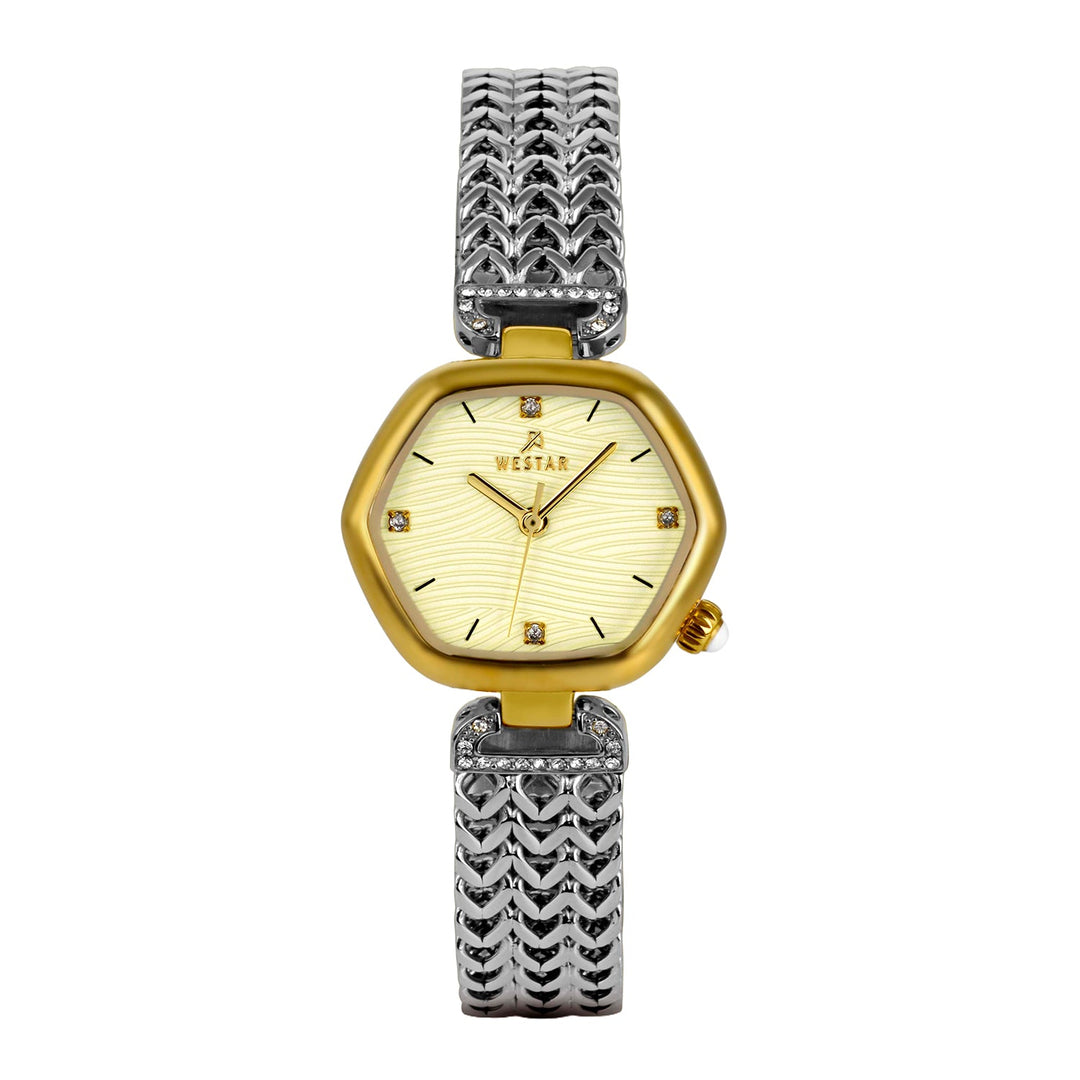Westar Gold and silver watch with a detailed band on a white background