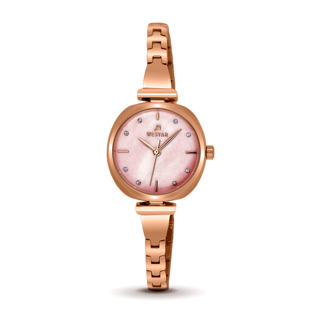 Rose gold watch with a pink face on a white background