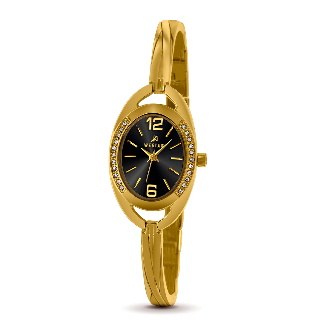 Gold Westar Ornate watch with black dial on a white background