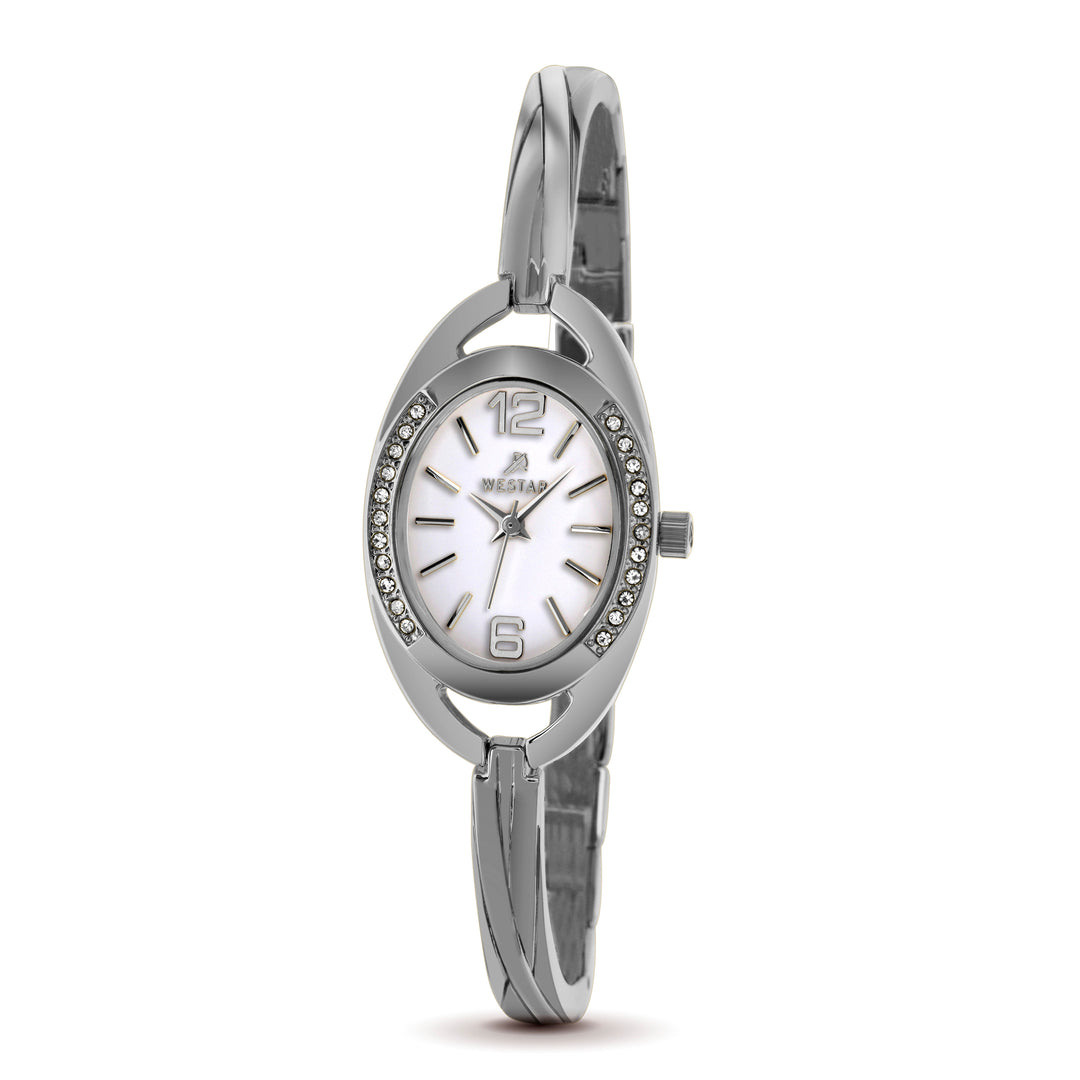 Silver bracelet Westar Ornate watch with a white face on a white background