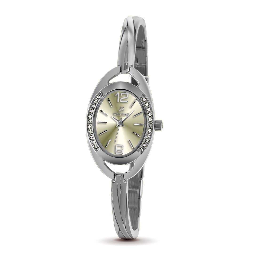 Silver Westar Ornate watch with a light face on a white background